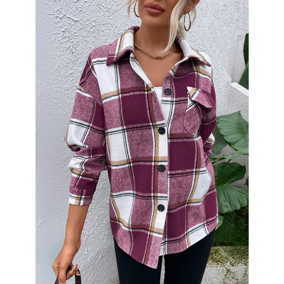Plaid Flap Pocket boyfriend shacket trucker jacket blue tan white - Picture 5 of 15